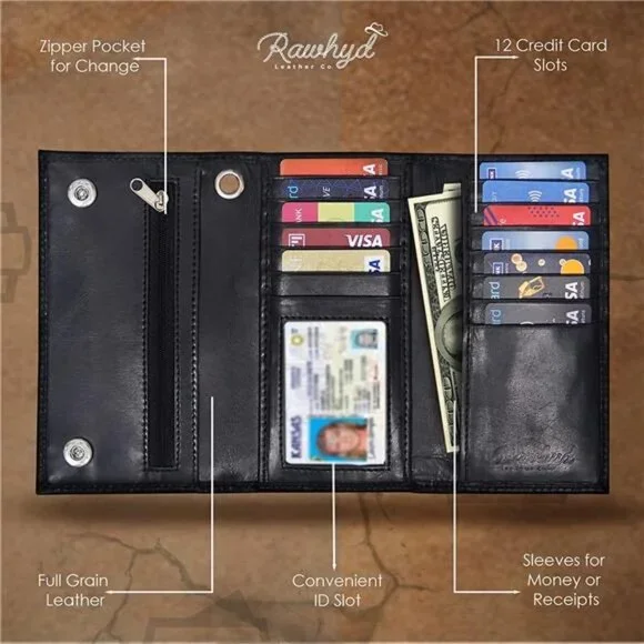 Men's Black Leather Wallet w/ 12 Credit Card Slots & Zipper Pocket